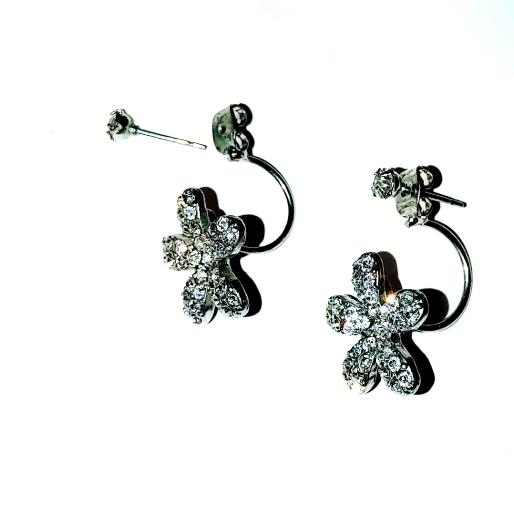 4/$15 Stud Earrings with Flower Ear Jacket Silver